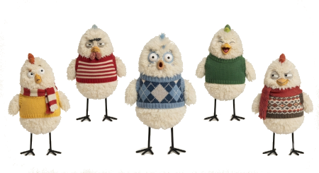 Cotton-Cluckers logo — five plush egg-shaped birds in knit sweaters