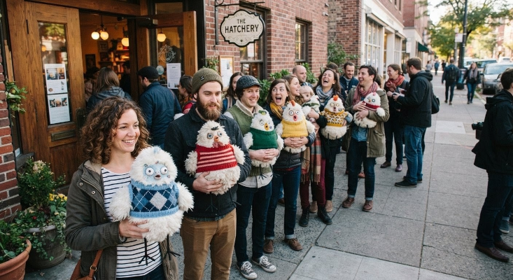 People lining up with Cotton-Cluckers outside The Hatchery