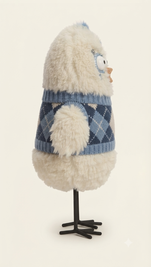 Side profile of the Cotton-Clucker showing stick legs